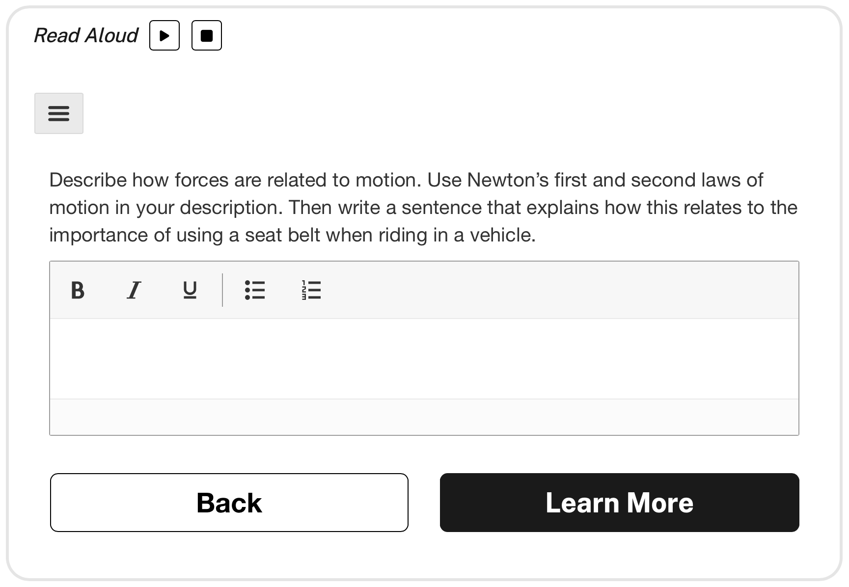 Writing prompt about Newton's laws and seatbelt safety.